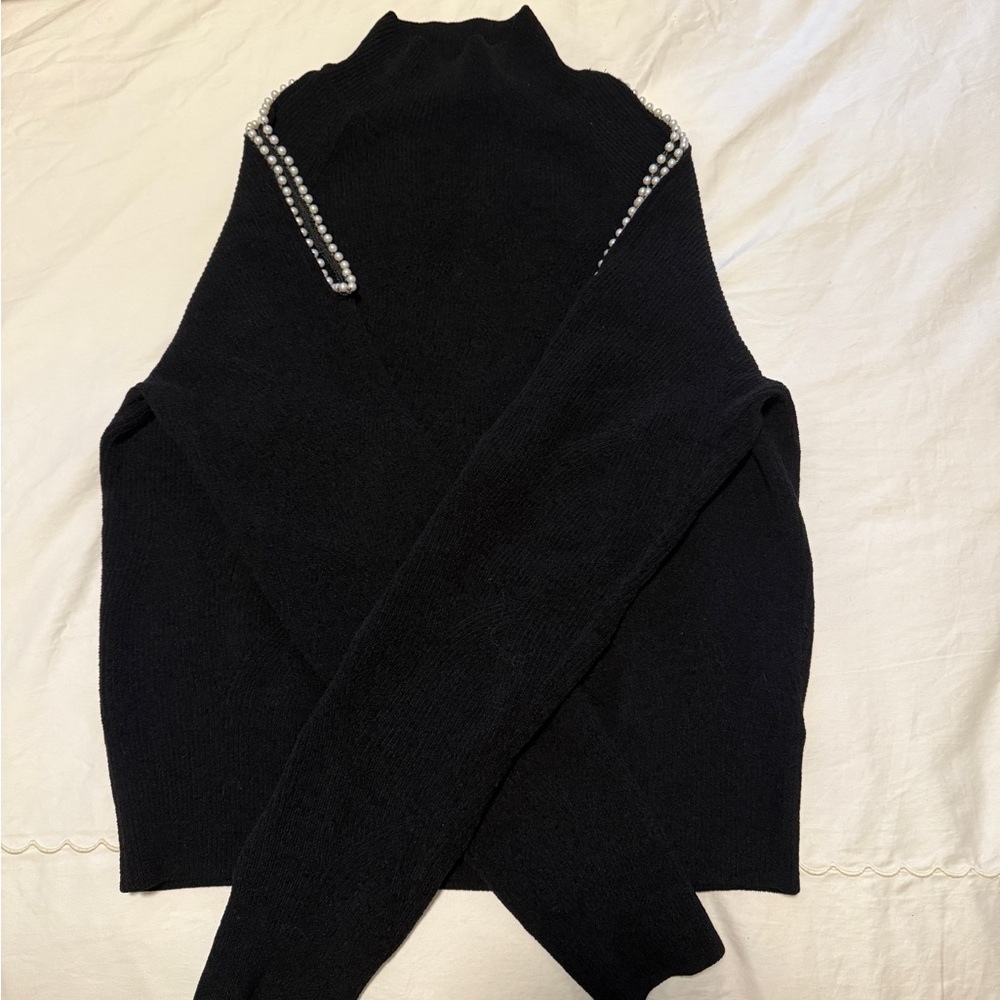Astr Black Turtleneck Sweater with Pearl Accents